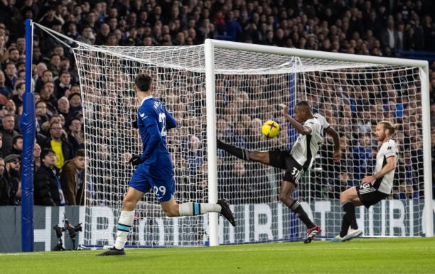 Fulhams Issa Diop clears off of the goal line from Chelseas Kai Havertz during the Premier League match between Chelsea FC and Fulham FC at Stamford...