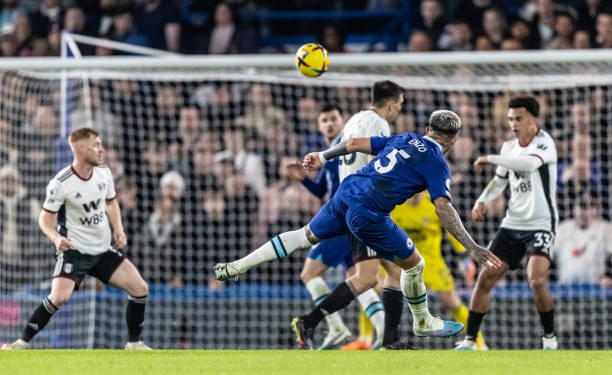 Chelseas Enzo Fernandez shoots at goal during the Premier League match between Chelsea FC and Fulham FC at Stamford Bridge on February 03, 2023 in...