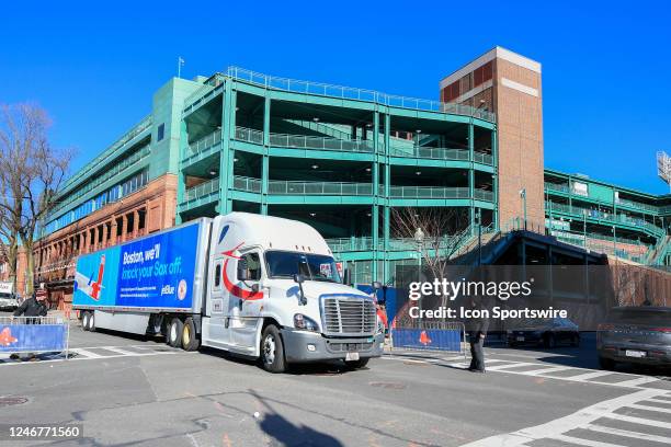 The spring training equipment truck starts the drive to JetBlue Park during Boston Red Sox Truck Day on February 3 at Fenway Park in Boston, MA.