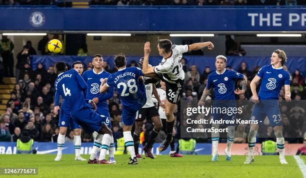 Fulhams Joao Palhinha shoots at goal during the Premier League match between Chelsea FC and Fulham FC at Stamford Bridge on February 03, 2023 in...