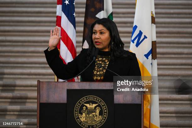 Mayor London Breed speaks during the 2023 Black History Month Kick-off Celebration as African American Historical & Cultural Society, elected and...
