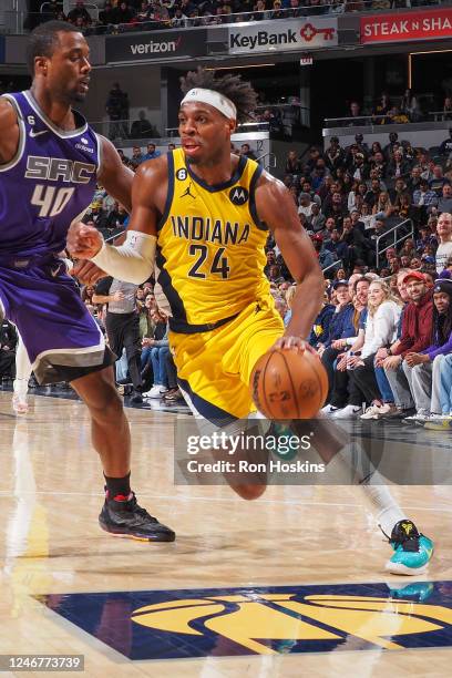 Buddy Hield of the Indiana Pacers drives to the basket during the game on Febuary 3, 2023 at Gainbridge Fieldhouse in Indianapolis, Indiana. NOTE TO...