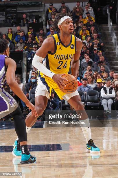 Buddy Hield of the Indiana Pacers drives to the basket during the game on Febuary 3, 2023 at Gainbridge Fieldhouse in Indianapolis, Indiana. NOTE TO...