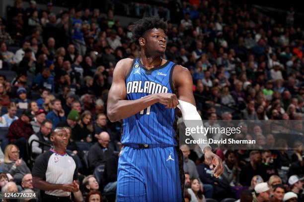 Mo Bamba of the Orlando Magic looks on during the game against the Minnesota Timberwolves on February 3, 2023 at Target Center in Minneapolis,...