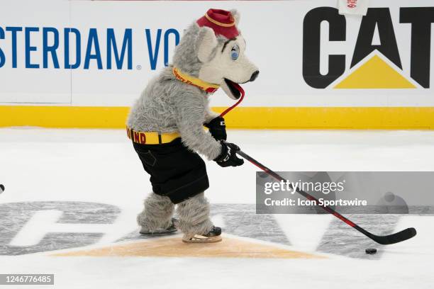 Calgary Flames Mascot Harvey the Hound during the NHL All-Star Skills showcase at FLA Live Arena in Sunrise, FL on February, 2023.