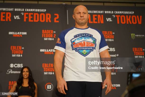 Fedor Emelianenko weighs in during the Bellator 290 ceremonial weigh-ins ahead of their fight on February 3 at The Westin in Los Angeles, CA.