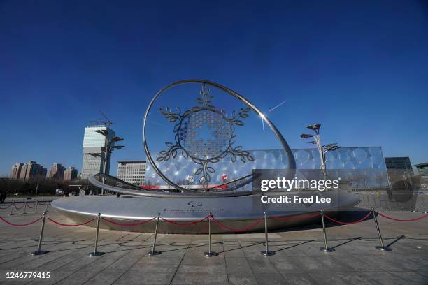 View of the snowflake-shaped Olympic cauldron at the National Stadium, also known as the Bird's Nest, as China marks the one-year anniversary of...