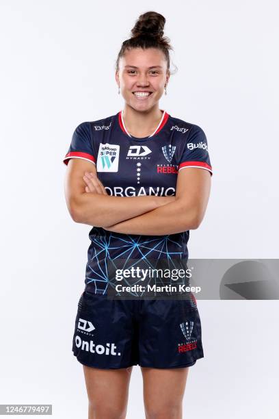 Jade Te Aute of the Rebels poses during the Melbourne Rebels 2023 Super W Rugby headshots session at AAMI Park on February 4, 2023 in Melbourne,...