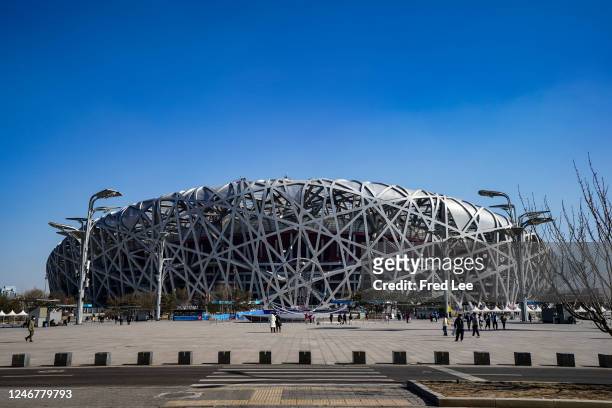 Tourists visit the National Stadium, also known as the Bird's Nest, as China marks the one-year anniversary of Beijing 2022 on February 4, 2023 in...