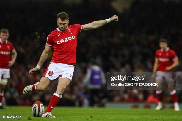 Wales' fly-half Dan Biggar shoots a penalty kick during the Six Nations international rugby union match between Wales and Ireland at the Principality...