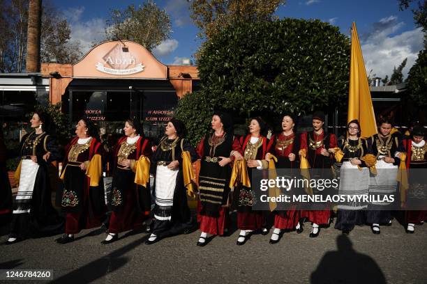 Greek folk dance performance groups dance during the Opening Ceremony of the European Capital of Culture 2023 in Elefsina, Greece on February 4, 2023.