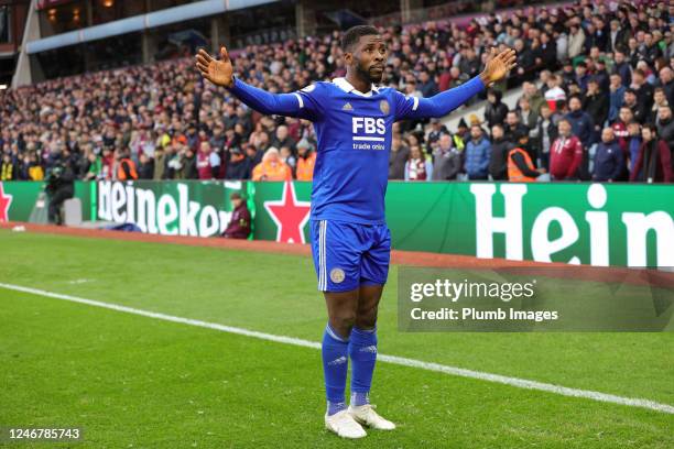 Kelechi Iheanacho of Leicester City celebrates after scoring to make it 2-2 during the Premier League match between Aston Villa and Leicester City at...