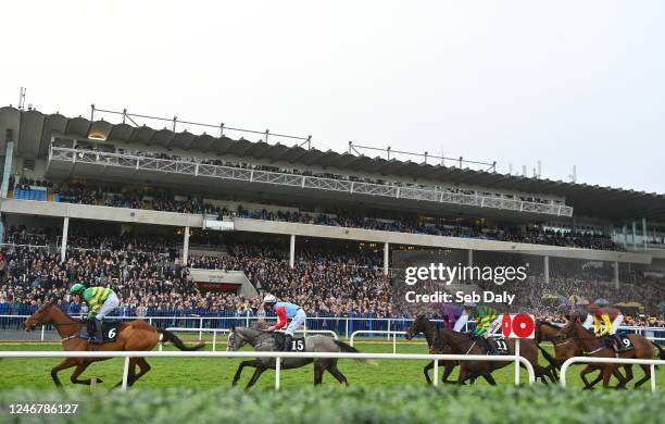 Dublin , Ireland - 4 February 2023;A view of the field as they pass the grandstand during the Race And Stay At Leopardstown Handicap Hurdle on day...