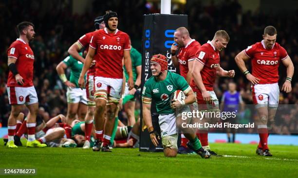 Wales , United Kingdom - 4 February 2023; Josh van der Flier of Ireland after scoring his side's fourth try during the Guinness Six Nations Rugby...