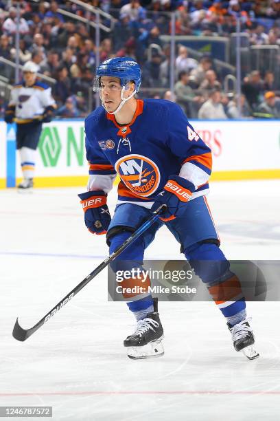 Jean-Gabriel Pageau of the New York Islanders in action against the St. Louis Blues at UBS Arena on December 06, 2022 in Elmont, New York. St. Louis...