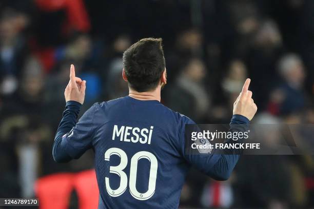 Paris Saint-Germain's Argentine forward Lionel Messi celebrates after scoring his team's second goal during the French L1 football match between...