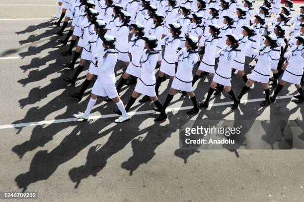Sri Lanka Navyâs women personnel march past during the 75th Independence Day celebrations of the nation at the Galle Face Green in Colombo, Sri...