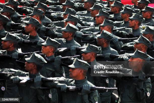 Sri Lanka Army Special Forces personnel march past during the 75th Independence Day celebrations of the nation at the Galle Face Green in Colombo,...