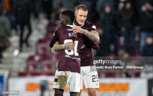 Hearts' Stephen Humphrys and Garang Kuol at full time during a cinch Premiership match between Heart of Midlothian and Dundee United at Tynecastle,...