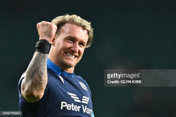 Scotland's full-back Stuart Hogg celebrates after winning at the end of the Six Nations international rugby union match between England and Scotland...