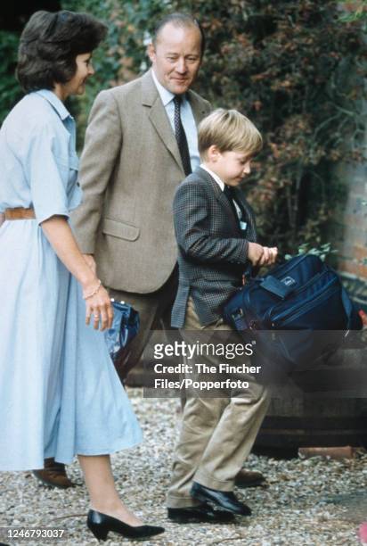 Prince William with Nichol Marston and Janet Barber, Joint Headmasters, on the Prince's first day at Ludgrove Preparatory School in Bracknell on 10th...