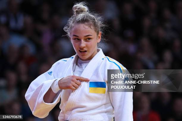 Ukraine's Daria Bilodid reacts after winning Portugal's Telma Monteilro during the Bronze women's -57kg category at the Paris Grand Slam judo...