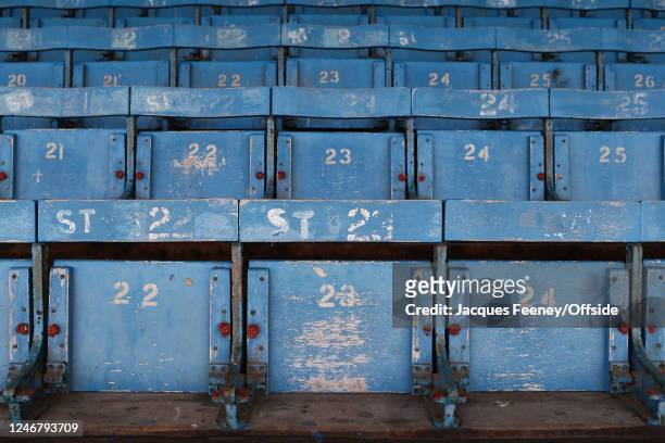 Old seats are seen inside of Roots Hall during the Vanarama National League match between Southend United and York City at Roots Hall on February 4,...