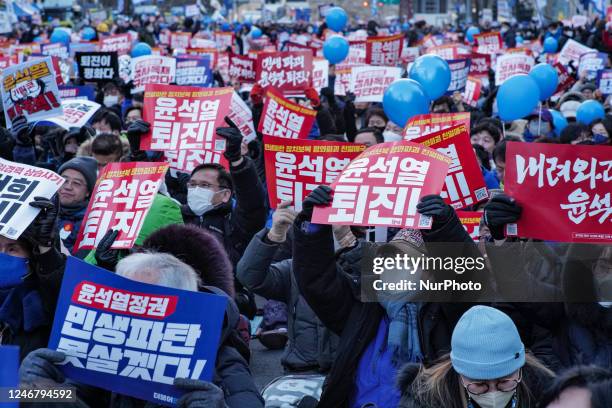 Tens of thousands of participants attend a protest during the denunciation of dictatorship of the Yoon Suk-yeol regime in the vicinity of Sungnyemun...