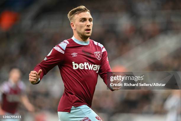 Jarrod Bowen of West Ham United running during the Premier League match between Newcastle United and West Ham United at St. James Park on February...