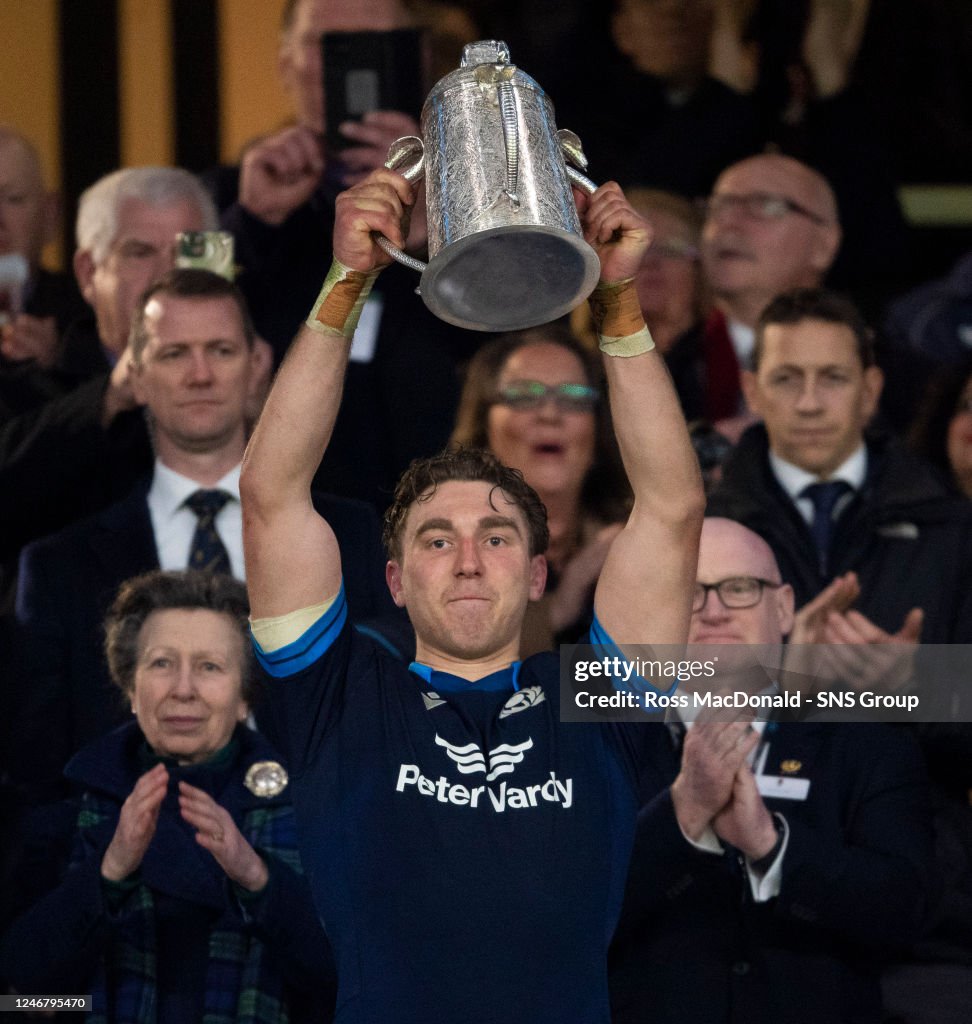 Scotland's Jamie Ritchie lifts the Calcutta Cup during a Guinness Six...  News Photo - Getty Images