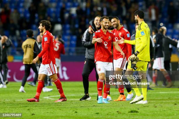 Mohamed Hany of Al Ahly, Ahmed Abdel Kader of Al Ahly, Amr Al Sulaya of Al Ahly and goalkeeper Mohamed El Shenawy of Al Ahly celebrate after winning...