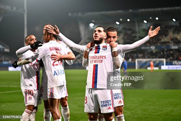 Malo GUSTO - 18 Rayan CHERKI during the Ligue 1 Uber Eats match between Troyes and Lyon at Stade de l'Aube on February 4, 2023 in Troyes, France.