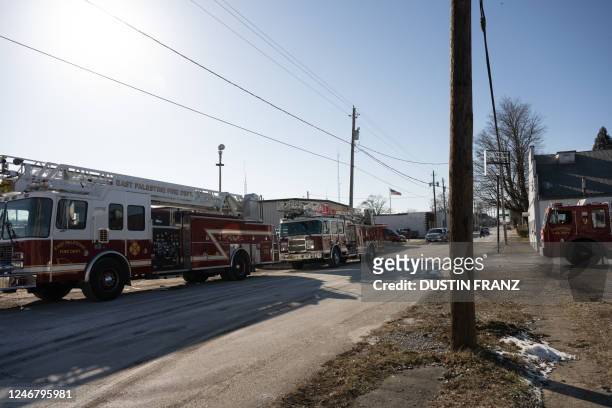 Firefighters respond to a cargo train derailment and fire in East Palestine, Ohio, on February 4, 2023. - The train accident sparked a massive fire...