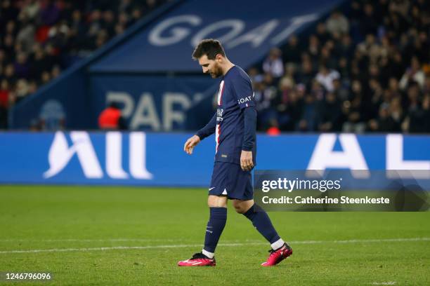 Lionel Messi of Paris Saint-Germain looks on during the Ligue 1 match between Paris Saint-Germain and Toulouse FC at Parc des Princes on February 4,...