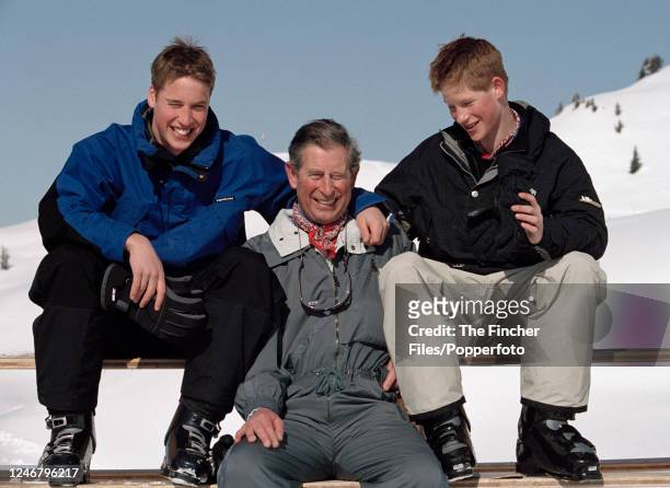 Prince William, HRH Prince Charles and HRH Prince Harry whilst on a skiing holiday in Klosters, Switzerland on 7th April 2000.