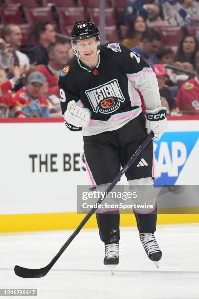 Central Nathan MacKinnon celebrates a goal during game one of the Honda NHL All-Star Game between the Pacific and Central Divisions on Saturday,...