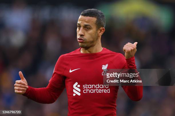 Thiago Alcantara of Liverpool during the Premier League match between Wolverhampton Wanderers and Liverpool FC at Molineux on February 4, 2023 in...