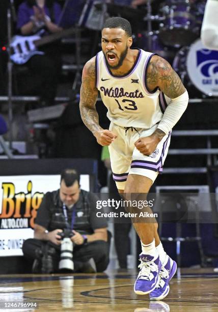 Desi Sills of the Kansas State Wildcats reacts after hitting a three point shot in the first half of the game against the Texas Longhorns at Bramlage...