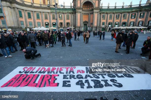 Banner on the ground during the demonstration to protest against the imprisonment, under the harsh regime of "41 bis", of the anarchist Alfredo...