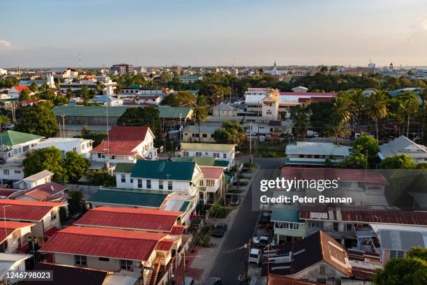 aerial view from low angle across streets, georgetown guyana - guyana stock-fotos und bilder