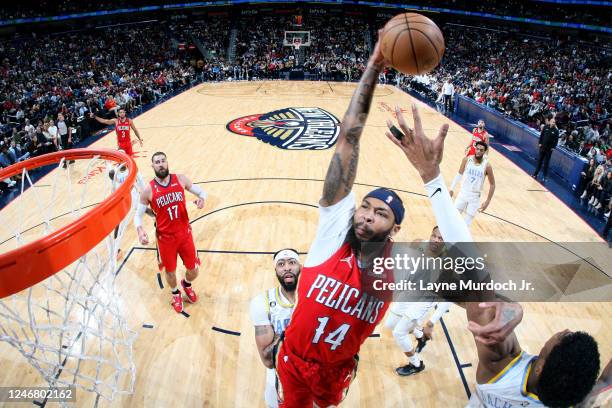 Brandon Ingram of the New Orleans Pelicans goes to the basket against the Los Angeles Lakers on February 4, 2023 at the Smoothie King Center in New...