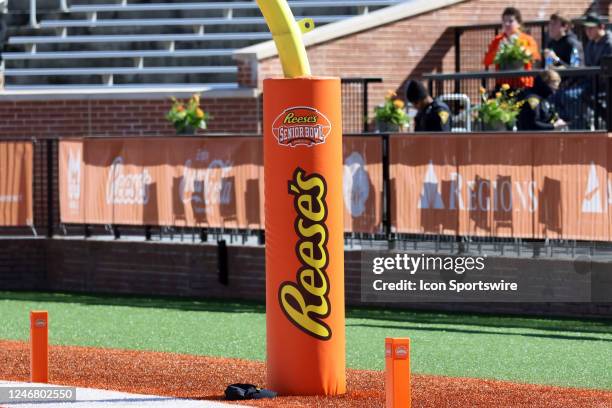 General view of the Senior Bowl signage on the goalpost during the Reese's Senior Bowl on February 4, 2023 at Hancock Whitney Stadium in Mobile,...