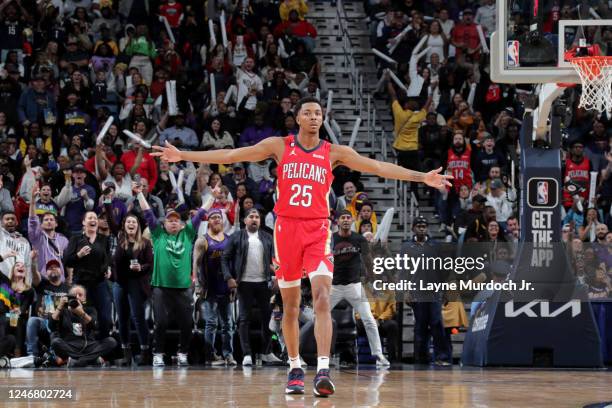 Trey Murphy III of the New Orleans Pelicans reacts after a play during the game against the Los Angeles Lakers on February 4, 2023 at the Smoothie...