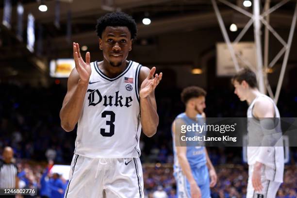 Jeremy Roach of the Duke Blue Devils reacts near the end of their game against the North Carolina Tar Heels at Cameron Indoor Stadium on February 4,...