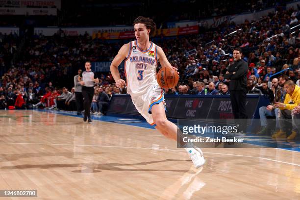 Josh Giddey of the Oklahoma City Thunder drives to the basket against the Houston Rockets on February 4, 2023 at Paycom Arena in Oklahoma City,...