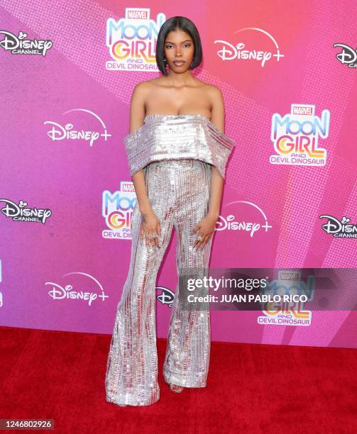 Actress and singer Diamond White arrives for the premiere of "Moon Girl and Devil Dinosaur" at the Walt Disney Studios Lot in Burbank, California, on...