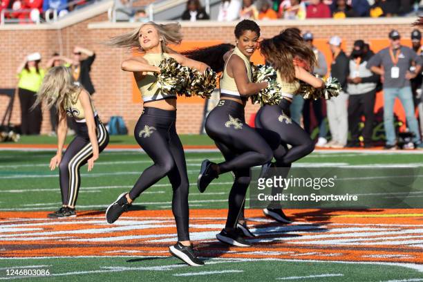 The New Orleans Saints cheerleaders perform during the Reese's Senior Bowl on February 4, 2023 at Hancock Whitney Stadium in Mobile, Alabama.
