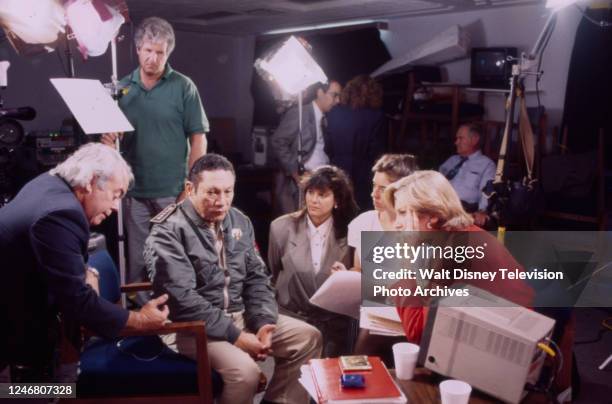 Panama City, Republic of Panama Diane Sawyer interviewing Panamanian President Manuel Noriega, crew, behind the scenes, making of the ABC News tv...