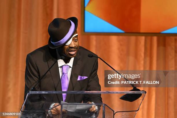 Lifetime Achievement Award honoree US rapper Slick Rick speaks onstage during the Recording Academys Special Merit Awards at the Wilshire Ebell...