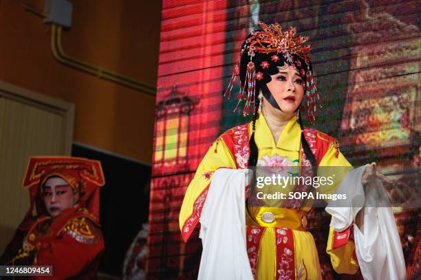 Chinese opera performers seen performing during a show at Bunsamakhom Shrine in Bangkok's Chinatown. Due to the Bangkok design week 2023, Chinese...